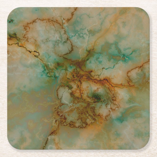 Green and Gold Marble Square Paper Coaster (Front)
