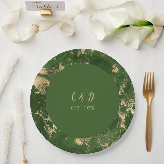 Green And Gold Marble Wedding  Paper Plate (Wedding)