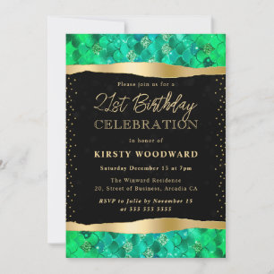 Green and Gold Mermaid Scales 21st Birthday Invitation