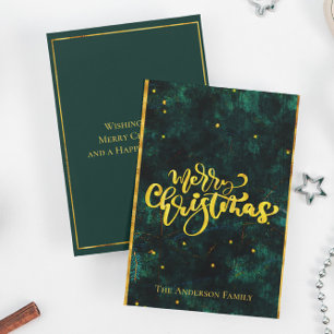 Green and Gold Merry Christmas Elegant Script Holi Holiday Card