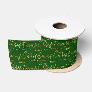 Green and Gold Merry Christmas Word Art Satin Ribbon