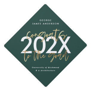 green and gold modern script photo graduation cap topper