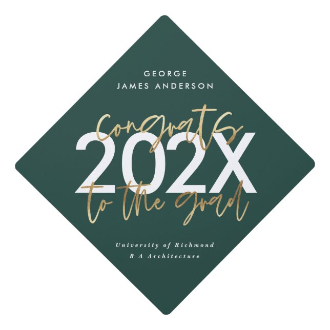 green and gold modern script photo graduation  cap topper (Front)