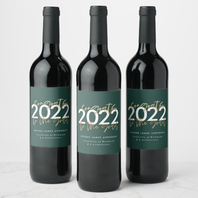 green and gold modern script stylish graduate wine label (Bottles)