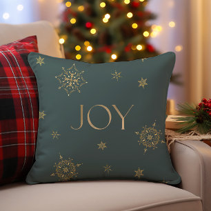 Green and Gold Modern Snowflake Holiday Joy Throw Pillow
