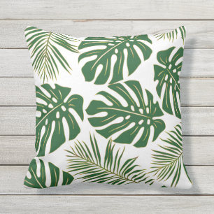 Green and gold monstera, palm tropical leaves outdoor pillow