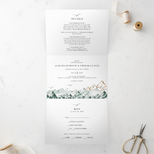 Green and Gold Mountain All In One Tri-fold Invitation (Inside)