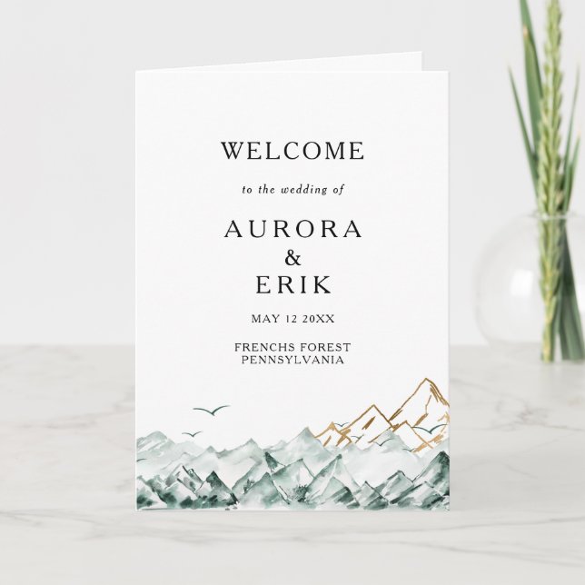 Green and Gold Mountain Folded Wedding Program (Front)
