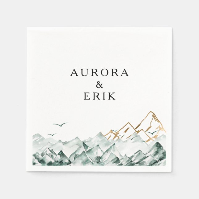 Green and Gold Mountain Wedding Napkins (Front)
