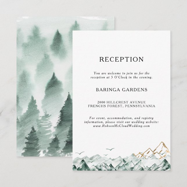 Green and Gold Mountain Wedding Reception Card (Front/Back)