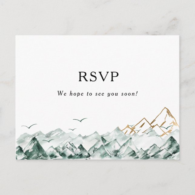 Green and Gold Mountain Wedding RSVP Postcard (Front)