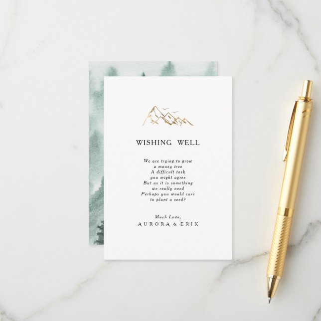 Green and Gold Mountain Wedding Wishing Well Card (Front/Back In Situ)