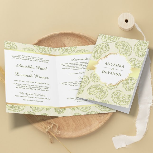 Green and Gold Paisley Traditional Indian Wedding Invitation (Creator Uploaded)