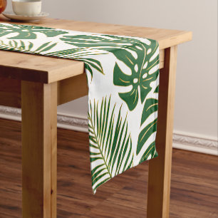Green and gold palm and monstera tropical leaves short table runner
