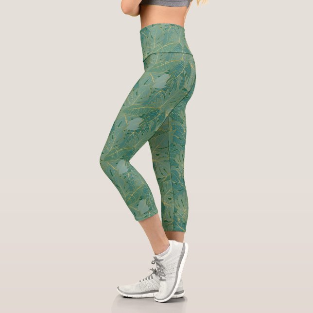 Green and gold palm leaves pattern capri leggings (Left)
