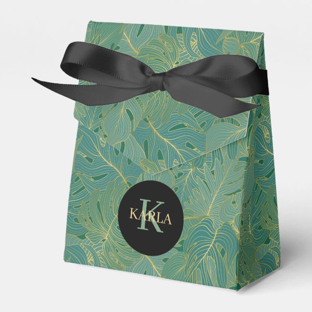 Green and gold palm leaves pattern favor box (Front Side)