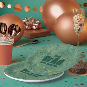 Green and gold palm leaves pattern grad party paper plate
