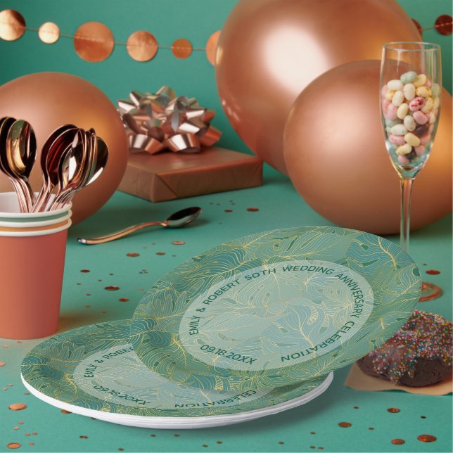 Green and gold palm leaves pattern paper plate (Multi)