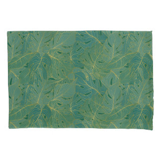 Green and gold palm leaves pattern pillowcase