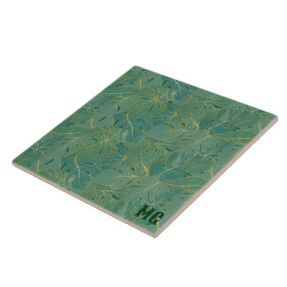 Green and gold palm leaves pattern tile