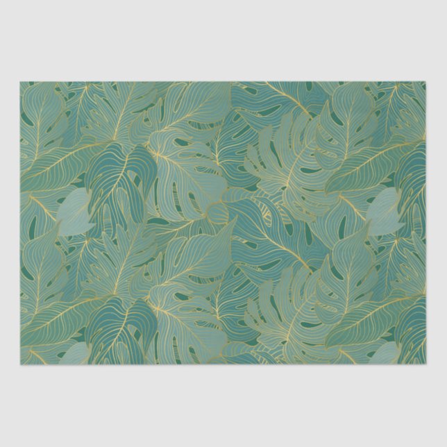 Green and gold palm leaves pattern tissue paper (Front)