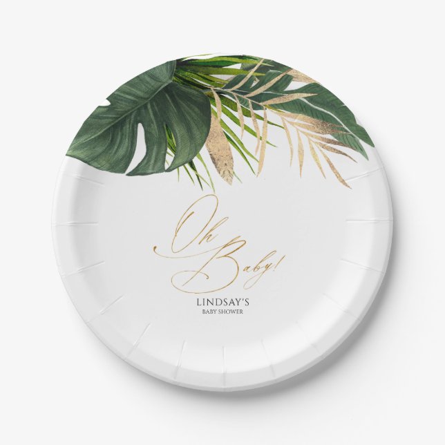 Green and Gold Palm Leaves Tropical Elegant Paper Plate (Front)