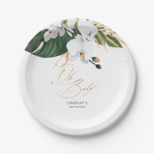 Green and Gold Palm Leaves White Orchids Elegant Paper Plate
