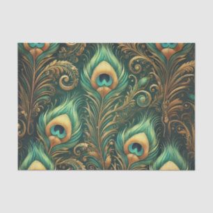 Green and Gold Peacock Feathers Decoupage Paper