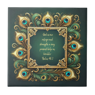 Green and Gold Peacock Frame Bible Verses Tile