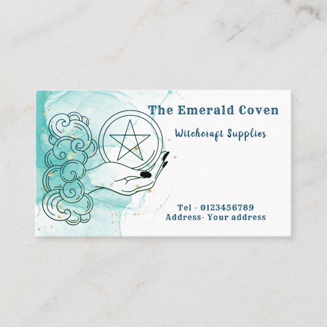 Green and Gold Pentacle Witchcraft Business Card (Front)