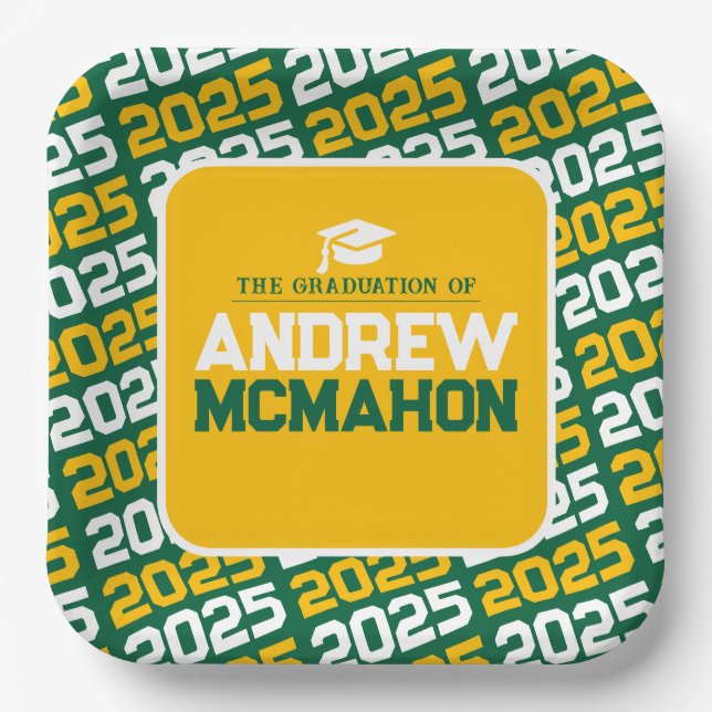 Green and Gold Personalized Graduation Paper Plate (Front)