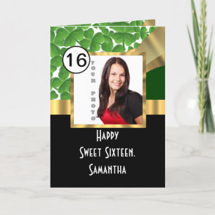 Green and gold personalized sweet sixteen card