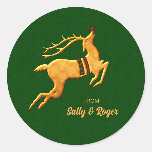 Green and Gold Reindeer on Damask Classic Round Sticker (Front)