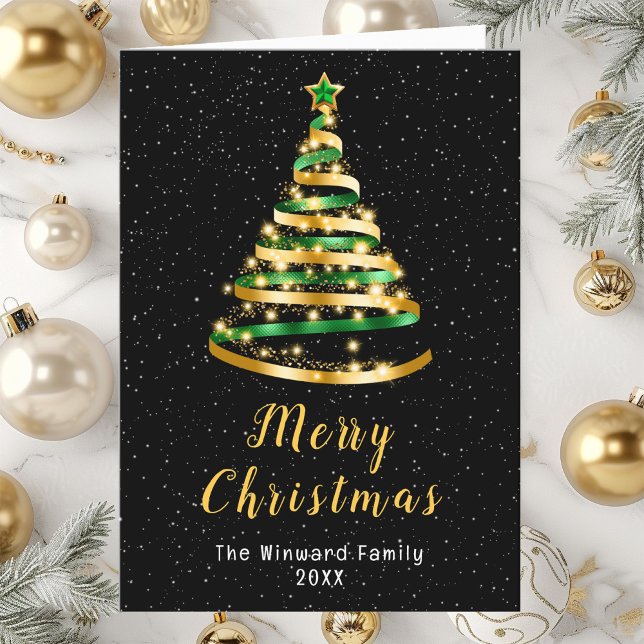 Green and Gold Ribbon Tree Merry Christmas Holiday Card (Creator Uploaded)