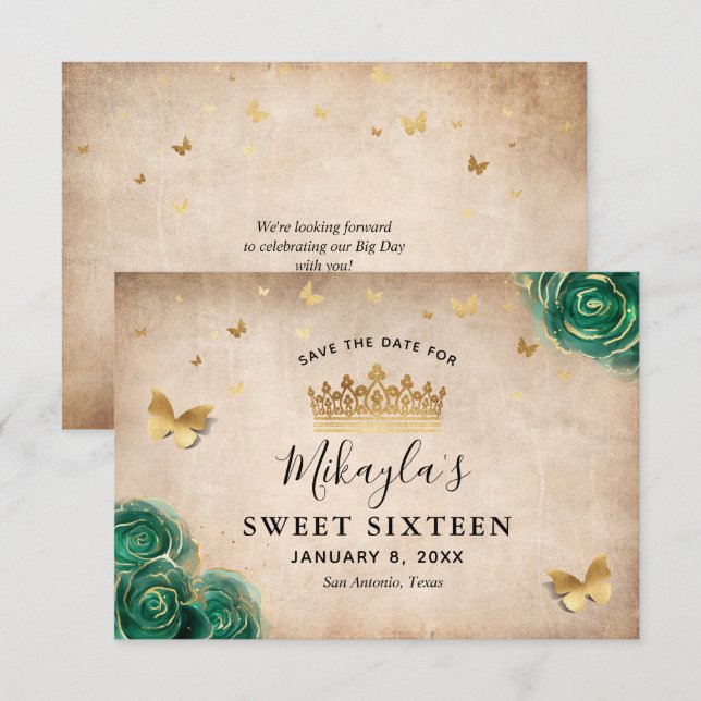 Green and Gold Rose Parchment Elegant Save The Date (Front/Back)