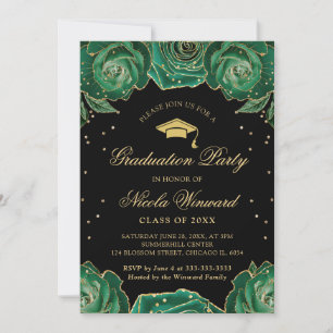 Green and Gold Roses Border Floral Graduation Invitation