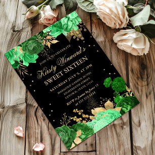Green and Gold Roses Border Floral Sweet Sixteen Invitation