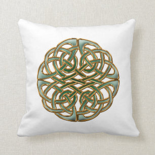 Green and gold round celtic knot throw pillow