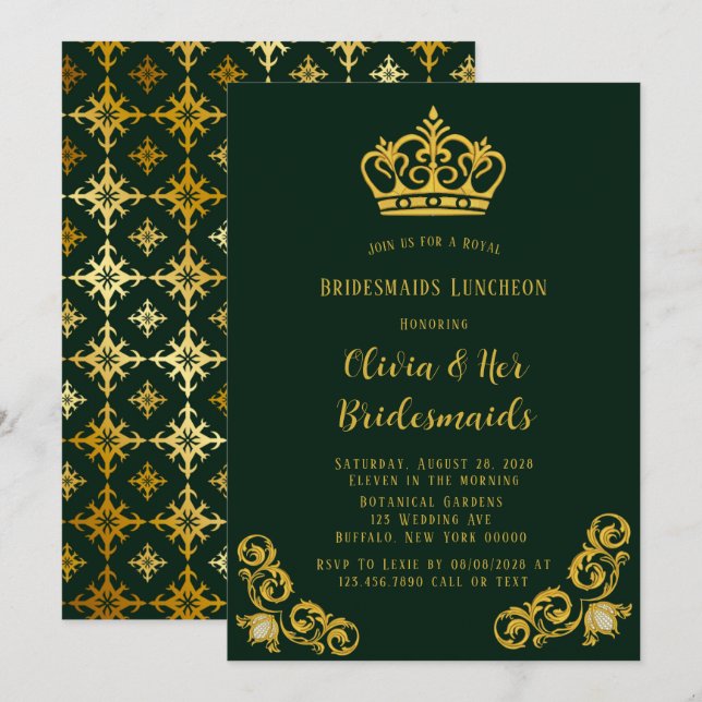 Green and Gold Royal Bridesmaids Luncheon  Invitation (Front/Back)