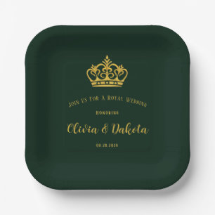 Green and Gold Royal Crown Wedding Paper Plates