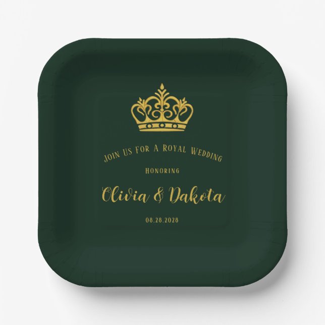 Green and Gold Royal Crown Wedding Paper Plates (Front)
