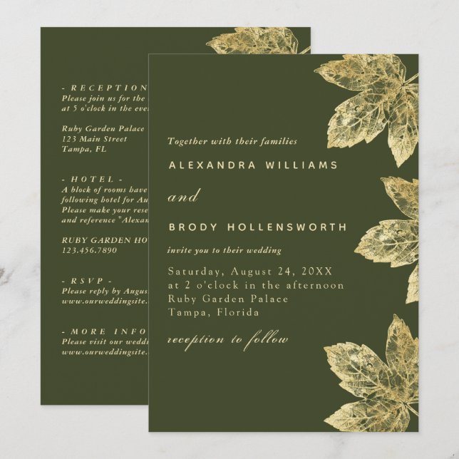 Green And Gold Rustic Foil Leaf All In One Wedding Invitation (Front/Back)