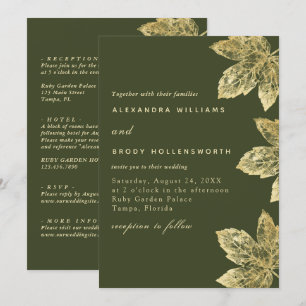 Green And Gold Rustic Foil Leaf All In One Wedding Invitation