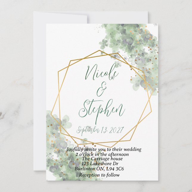 Green and gold rustic wedding invitation (Front)