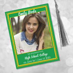 Green and Gold School Colours Photo Graduation Announcement Postcard