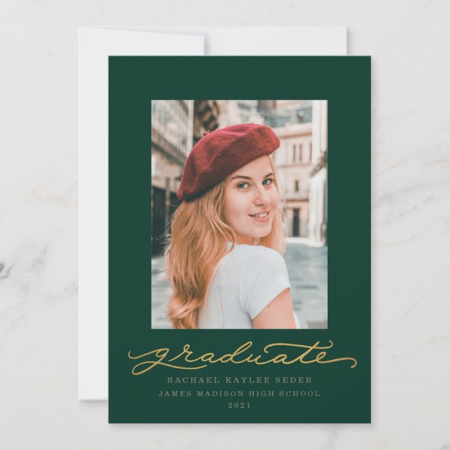 Green and Gold Script Graduation Announcement (Front)