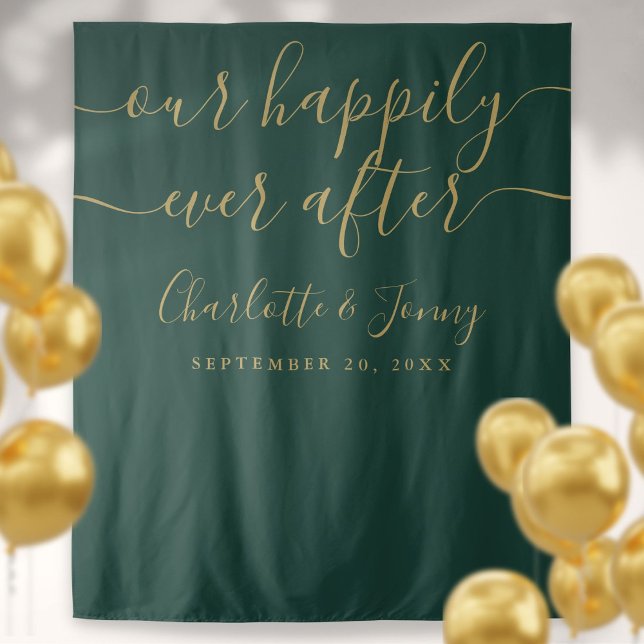 Green And Gold Script Wedding Photo Booth Backdrop Tapestry (Creator Uploaded)