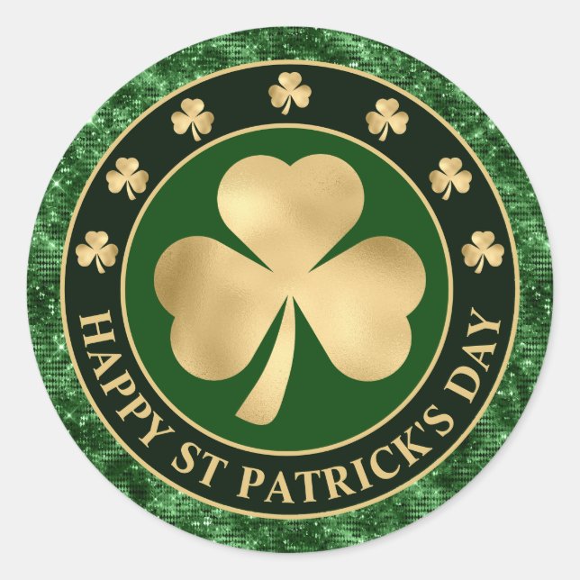 Green and Gold Shamrock Clover St Patrick's Day Classic Round Sticker (Front)