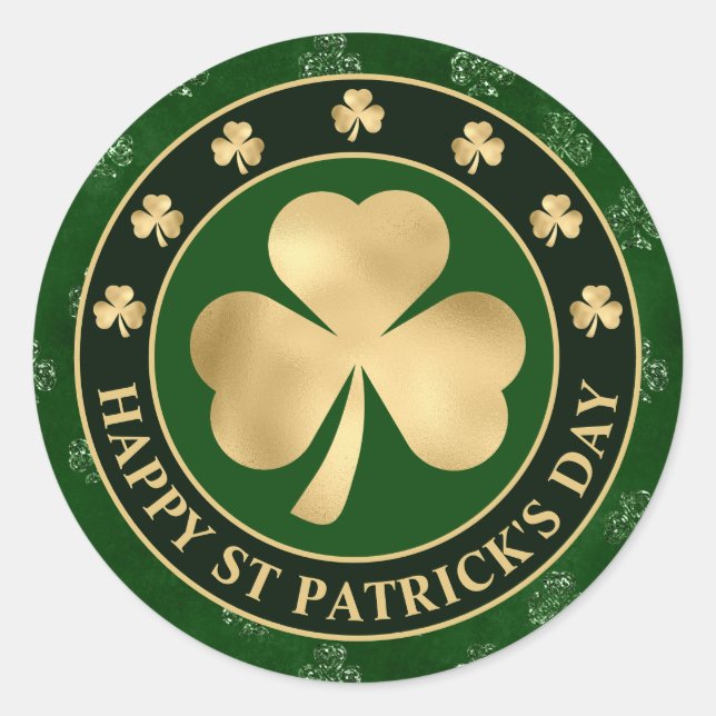 Green and Gold Shamrock Clover St Patrick's Day Classic Round Sticker (Front)