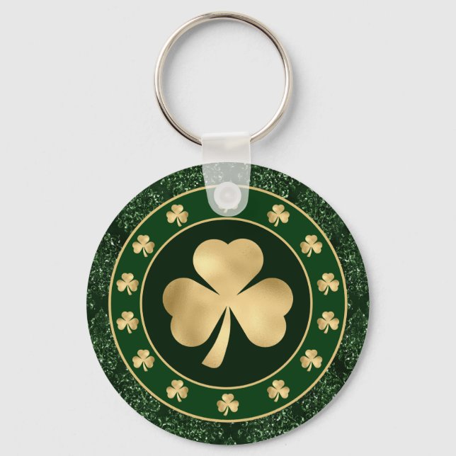 Green and Gold Shamrock Clover St Patrick's Day Keychain (Front)